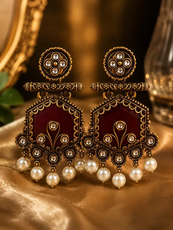 Gold_Alloy_Maroon_Stone_Statement_Jhumka_Earrings_For_Women
