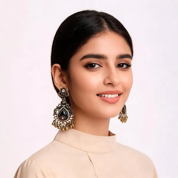 Antique_Gold_Steel_Black_Stone_Jhumka_Drop_Earrings_For_Women_Pack_Of_2
