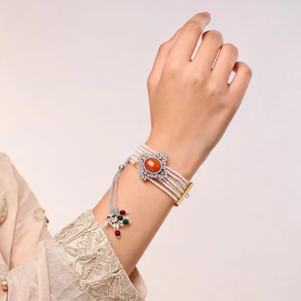 Orange_Stone_Pearl_Bracelet_And_Earrings_Set_For_Women