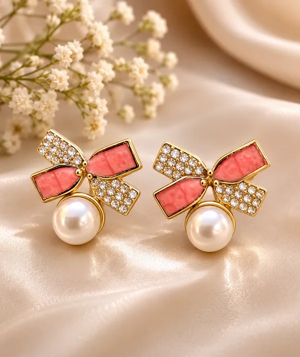 Pink_Steel_Bow_Pearl_Stud_Earrings_For_Women_Pack_Of_3