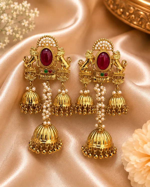 Gold_Alloy_Red_Stone_Elephant_Motif_Jhumka_Earrings_For_Women