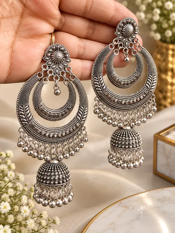 Oxidised_Silver_Chandbali_Jhumka_Earrings