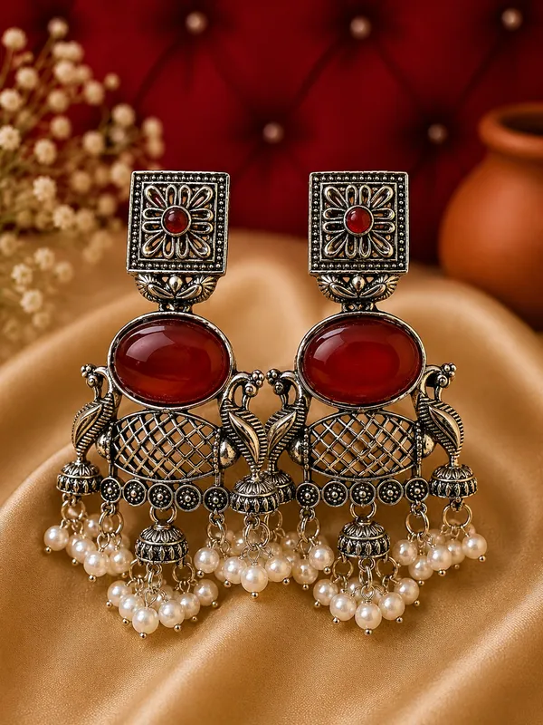Red_Stone_Oxidized_Alloy_Floral_Jhumka_Earrings_For_Women_Pack_Of_2