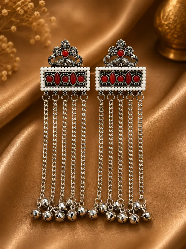 Silver_Tone_Oxidized_Red_Stone_Long_Dangle_Earrings_For_Women