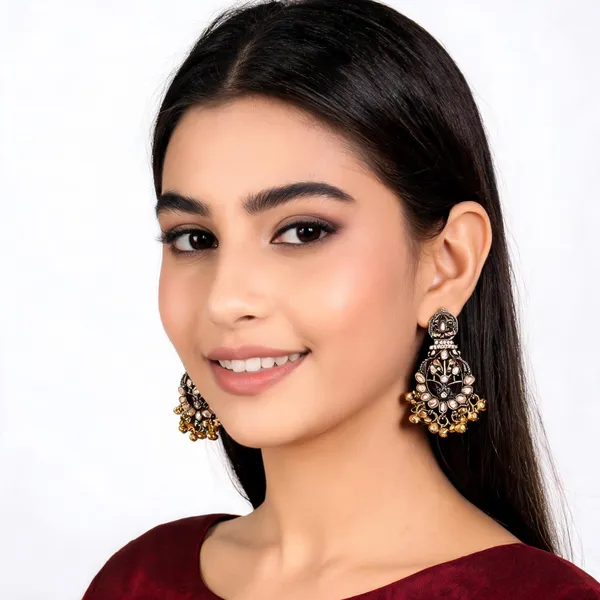 Gold_Steel_Stone_Studded_Floral_Jhumka_Earrings_For_Women_Pack_Of_2