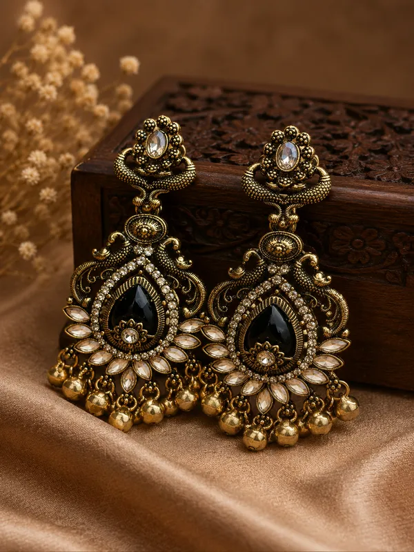 Antique_Gold_Steel_Black_Stone_Jhumka_Drop_Earrings_For_Women_Pack_Of_2