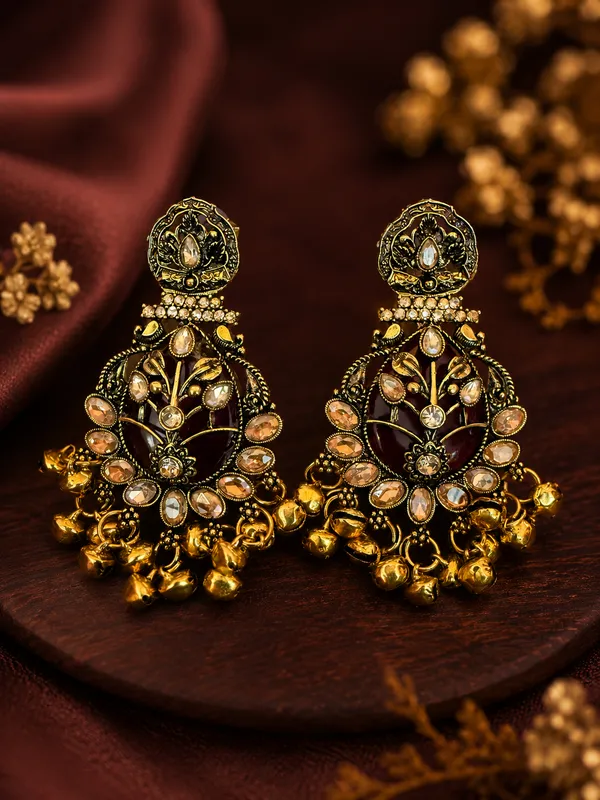 Gold_Steel_Stone_Studded_Floral_Jhumka_Earrings_For_Women_Pack_Of_2