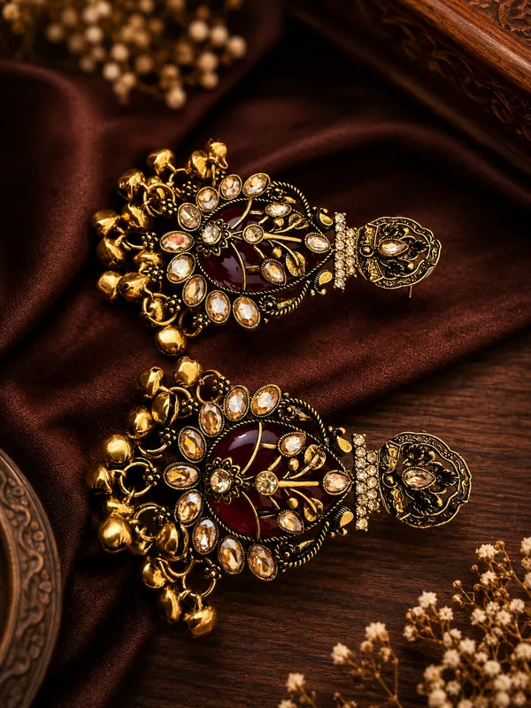 Gold_Steel_Stone_Studded_Floral_Jhumka_Earrings_For_Women_Pack_Of_2