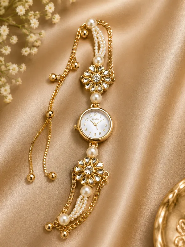 Gold_Alloy_Pearl_Floral_Bracelet_Watch_For_Women