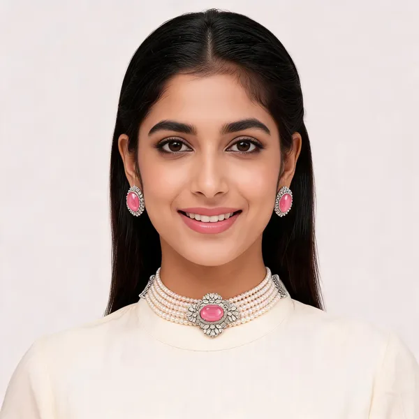 Pink_Alloy_Pearl_Multi_Strand_Choker_Necklace_Set_For_Women