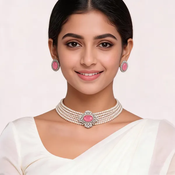 Pink_Alloy_Pearl_Multi_Strand_Choker_Necklace_Set_For_Women