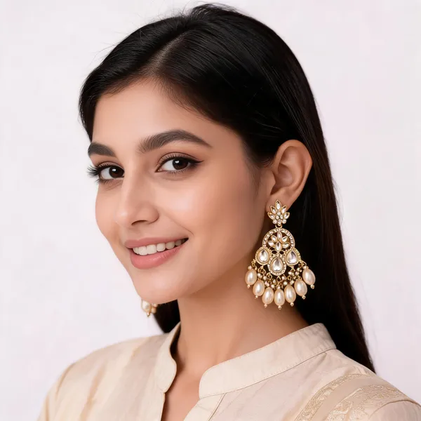Gold_Steel_Floral_Pearl_Embellished_Chandelier_Earrings_For_Women
