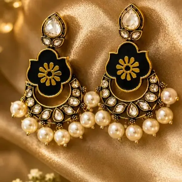 Black_Gold_Alloy_Floral_Pearl_Drop_Earrings_For_Women