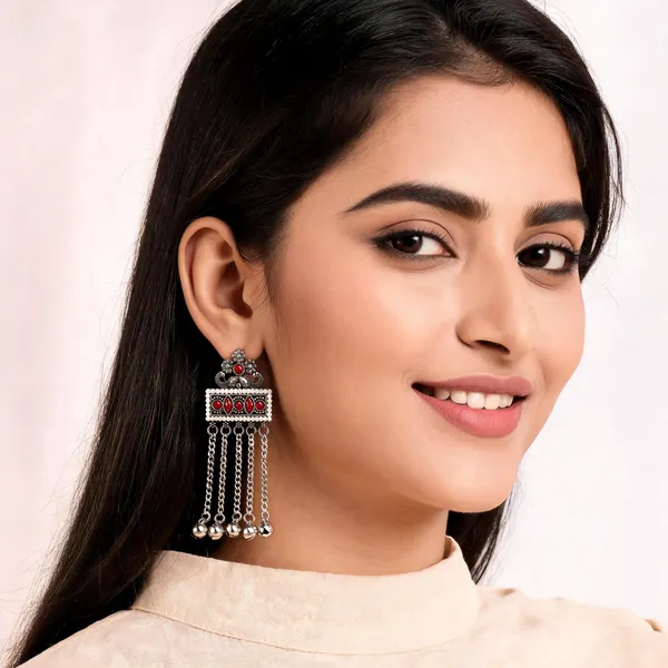 Silver_Tone_Oxidized_Red_Stone_Long_Dangle_Earrings_For_Women