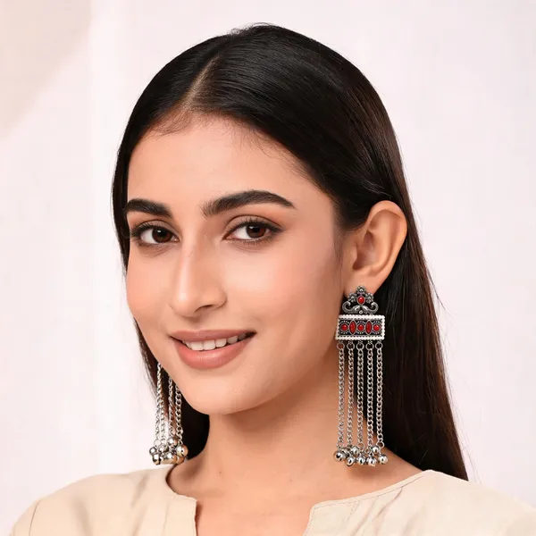 Silver_Tone_Oxidized_Red_Stone_Long_Dangle_Earrings_For_Women