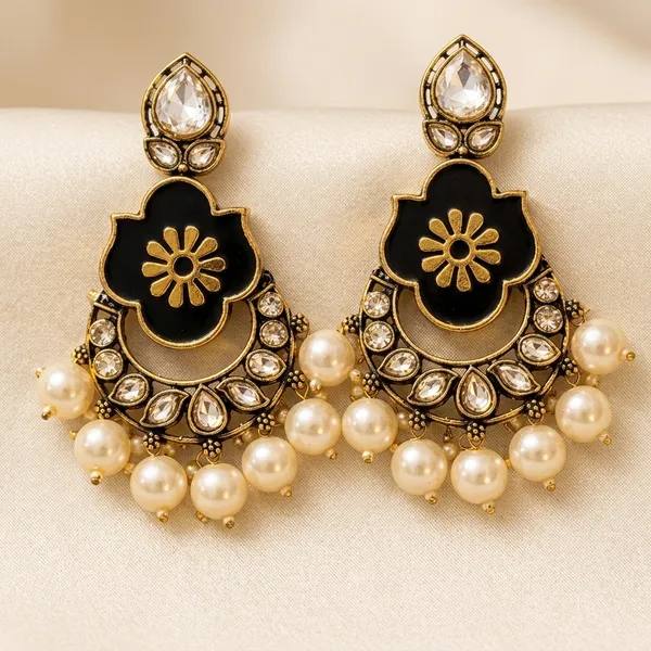 Black_Gold_Alloy_Floral_Pearl_Drop_Earrings_For_Women