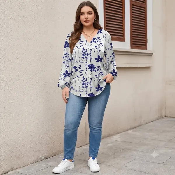 White_Cotton_Relaxed_Fit_Blue_Floral_Print_Top_For_Women