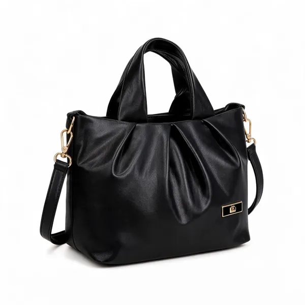 Black_Pu_Leather_Pleated_Tote_Handbag_For_Women