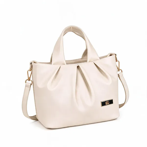 Cream_Pu_Leather_Gathered_Tote_Handbag_For_Women