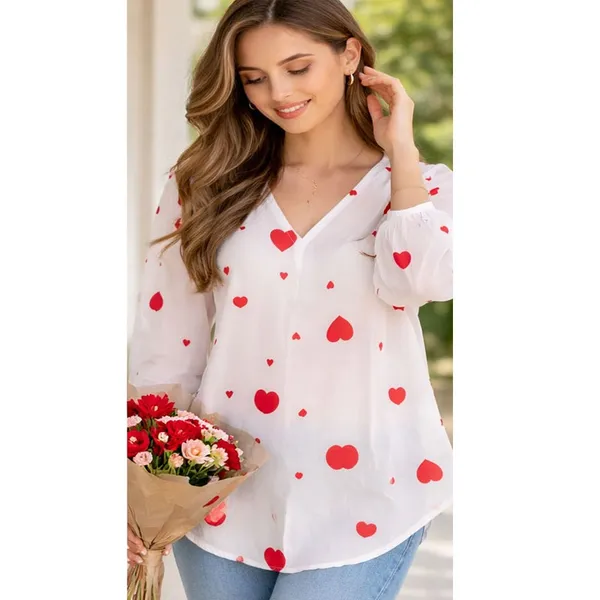 White_Heart_Print_Loose_Fit_Top_for_Women