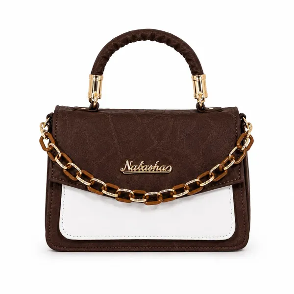 Brown_And_White_Structured_Handbag_With_Chain