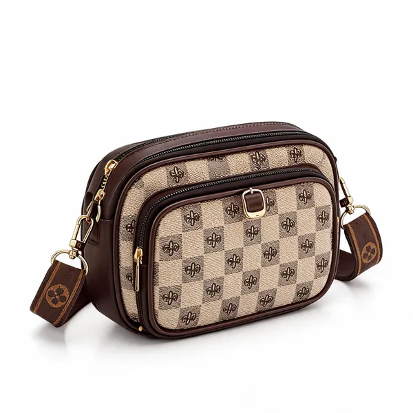 Brown_Beige_Pu_Leather_Checkered_Crossbody_Sling_Bag_For_Women