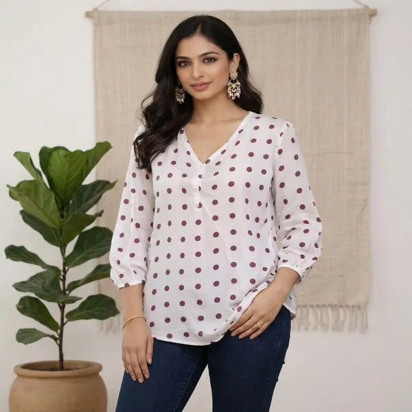 White_Cotton_Relaxed_Fit_Polka_Dot_V_Neck_Top_For_Women