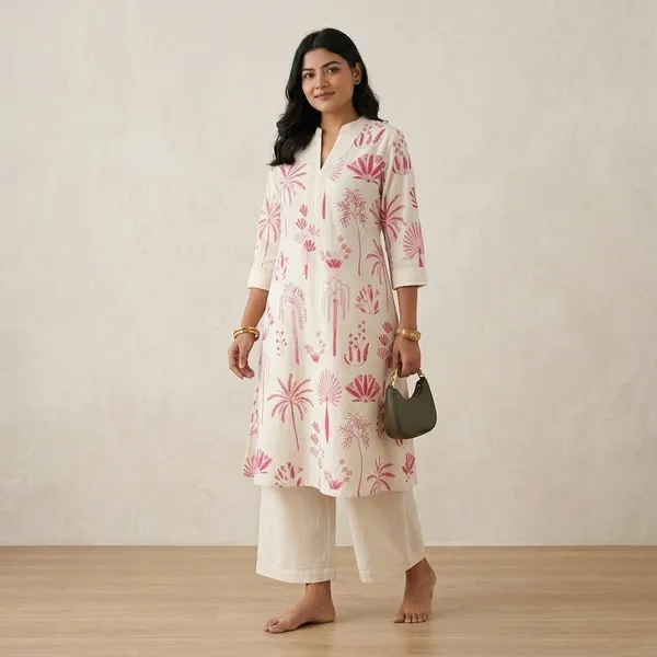 White_Cotton_Straight_Botanical_Print_Kurta_Set_For_Women