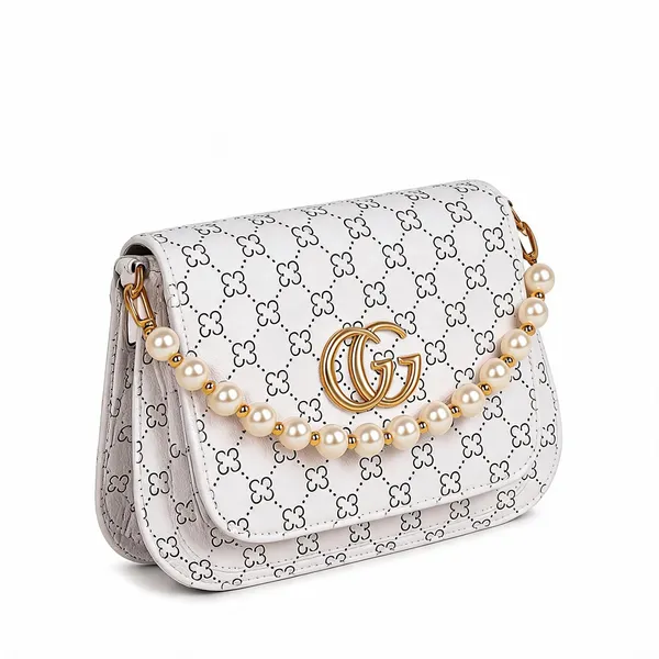 White_Pu_Leather_Monogram_Pearl_Chain_Shoulder_Bag_For_Women