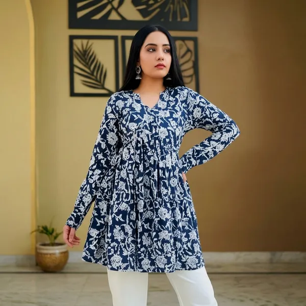 Blue_Cotton_A-Line_Floral_Print_Tunic_For_Women