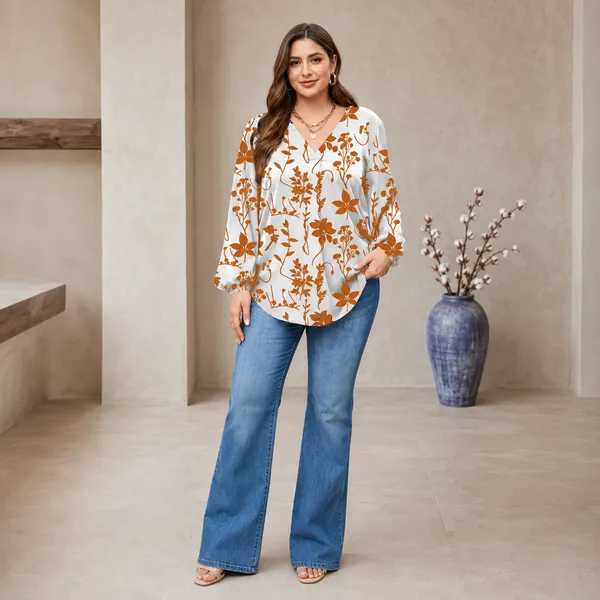 White_Cotton_Relaxed_Fit_Orange_Floral_Print_Top_For_Women
