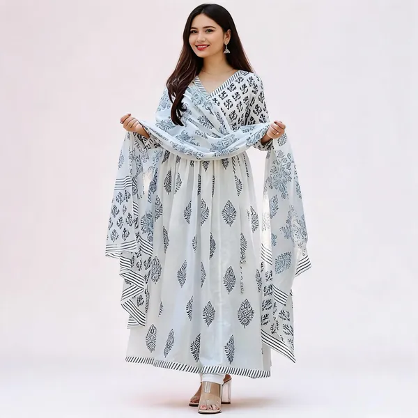 White_Cotton_Flared_Printed_Ethnic_Kurta_Set_For_Women