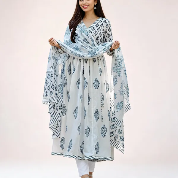 White_Cotton_Flared_Printed_Ethnic_Kurta_Set_For_Women