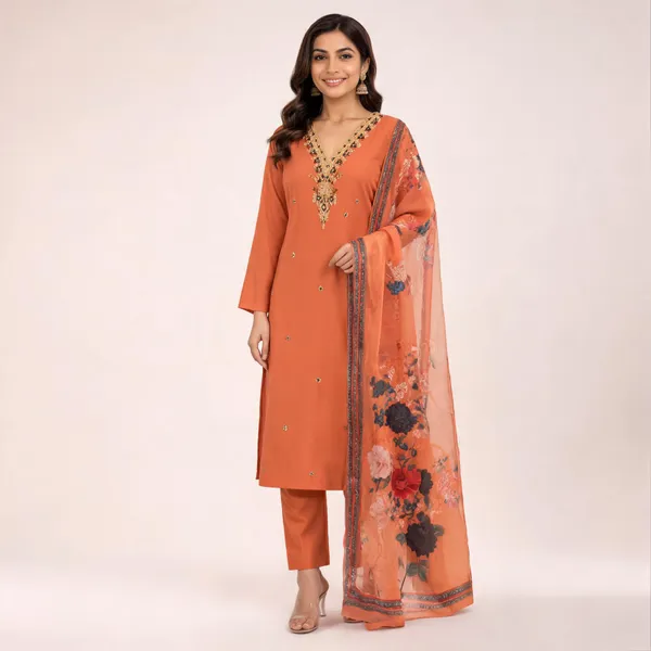 Orange_Roman_Silk_Straight_Embroidered_Kurta_Set_For_Women