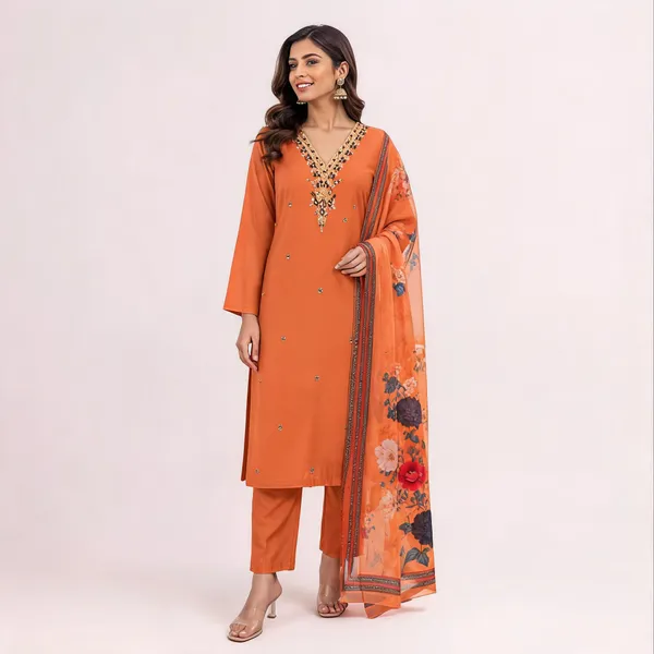 Orange_Roman_Silk_Straight_Embroidered_Kurta_Set_For_Women