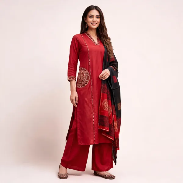 Red_Cotton_Straight_Embroidered_Kurta_Palazzo_Set_For_Women