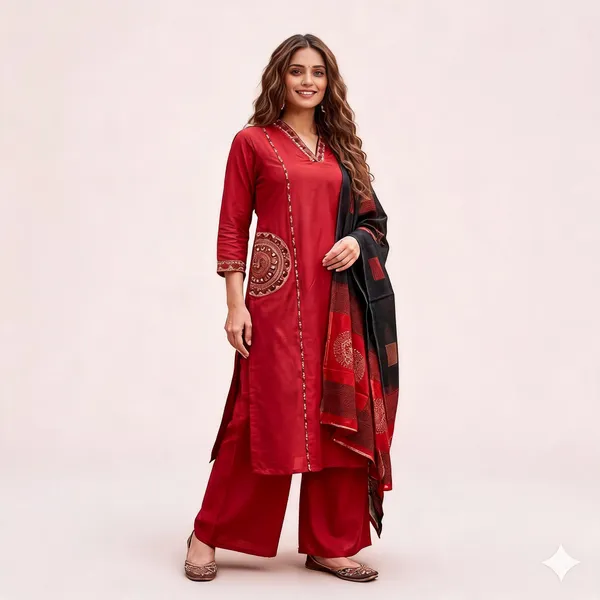 Red_Cotton_Straight_Embroidered_Kurta_Palazzo_Set_For_Women