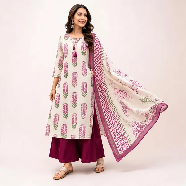 Cream_Magenta_Cotton_Straight_Printed_Kurta_Set_For_Women
