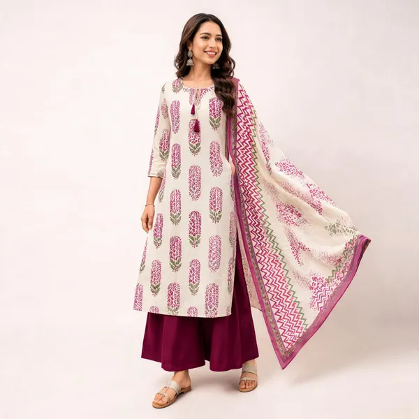 Cream_Magenta_Cotton_Straight_Printed_Kurta_Set_For_Women