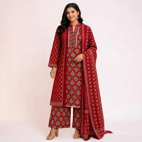 Red_Rayon_Printed_Straight_Kurta_Set_For_Women