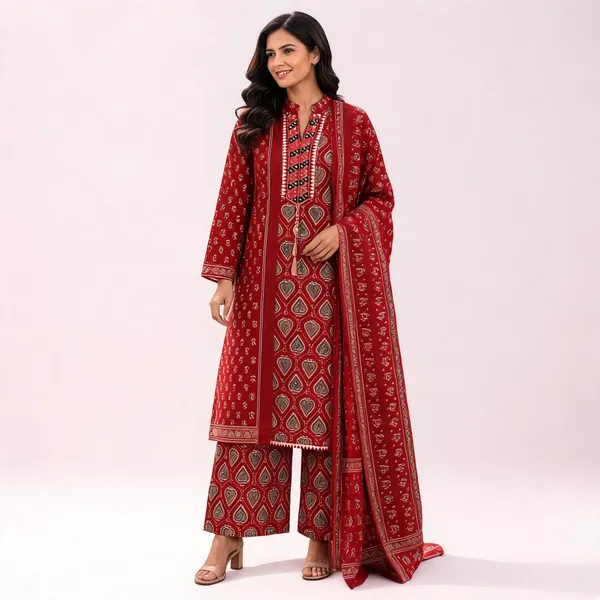 Red_Rayon_Printed_Straight_Kurta_Set_For_Women