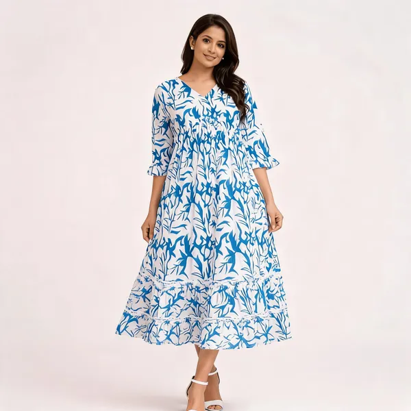 Blue_Pure_Cotton_Printed_Fit_And_Flare_Dress_For_Women