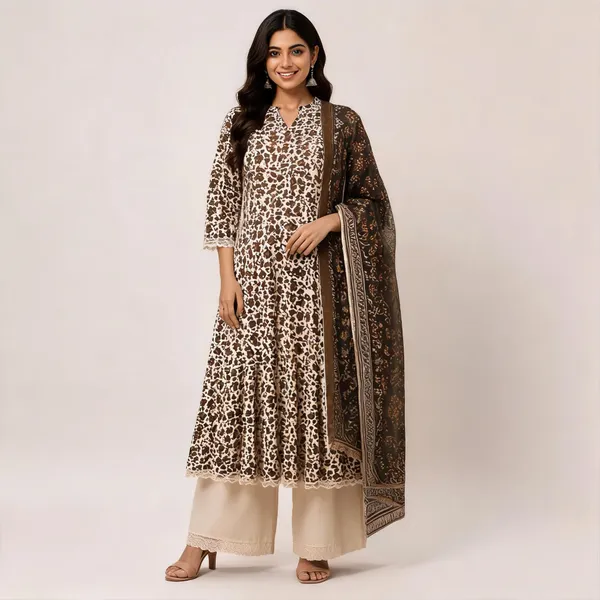 Brown_Pure_Cotton_Floral_Print_Flared_Kurta_Set_For_Women