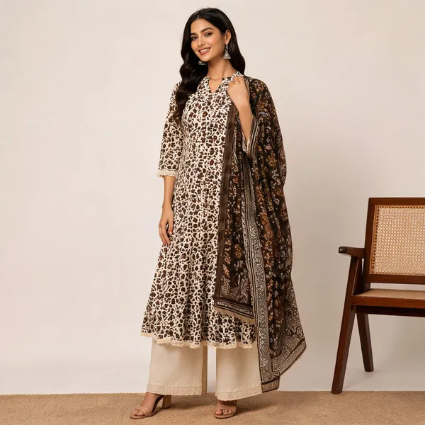 Brown_Pure_Cotton_Floral_Print_Flared_Kurta_Set_For_Women