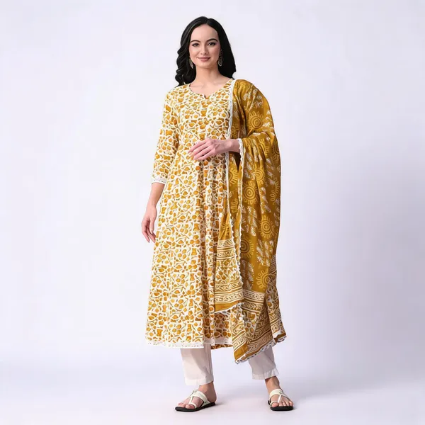 Mustard_Cotton_Floral_Printed_Kurta_Set_For_Women