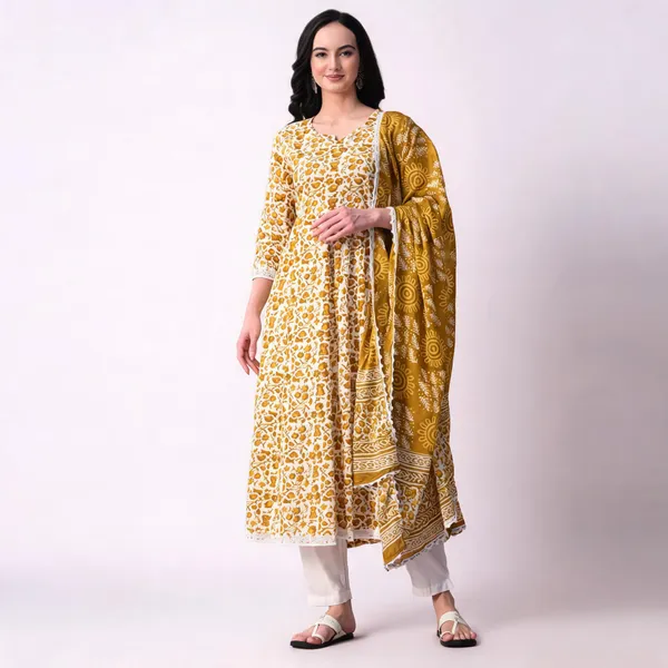 Mustard_Cotton_Floral_Printed_Kurta_Set_For_Women