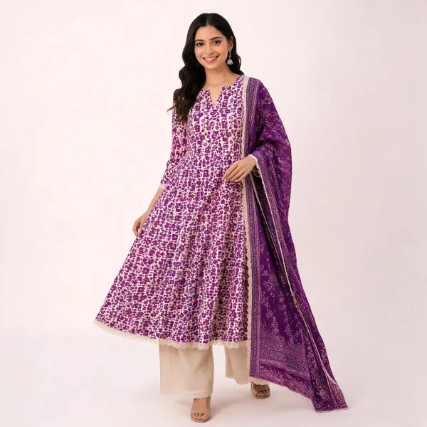 Purple_Cotton_Flared_Kurta_Set_With_Dupatta_For_Women