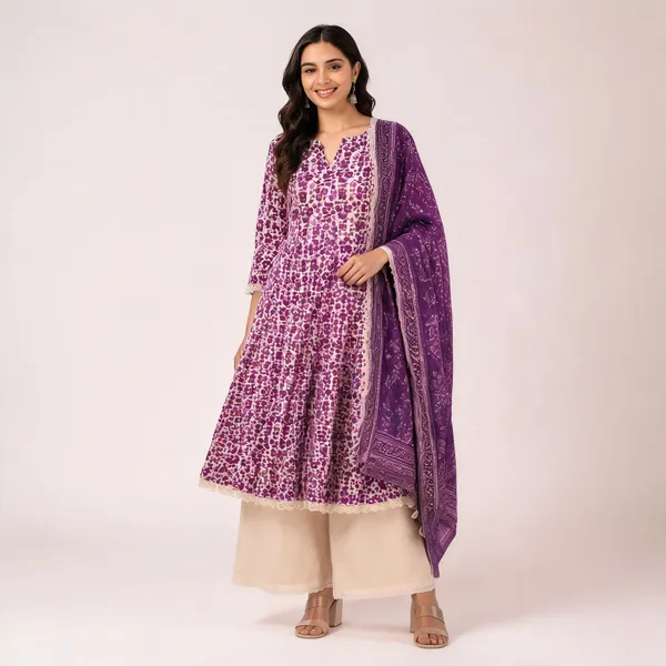 Purple_Cotton_Flared_Kurta_Set_With_Dupatta_For_Women