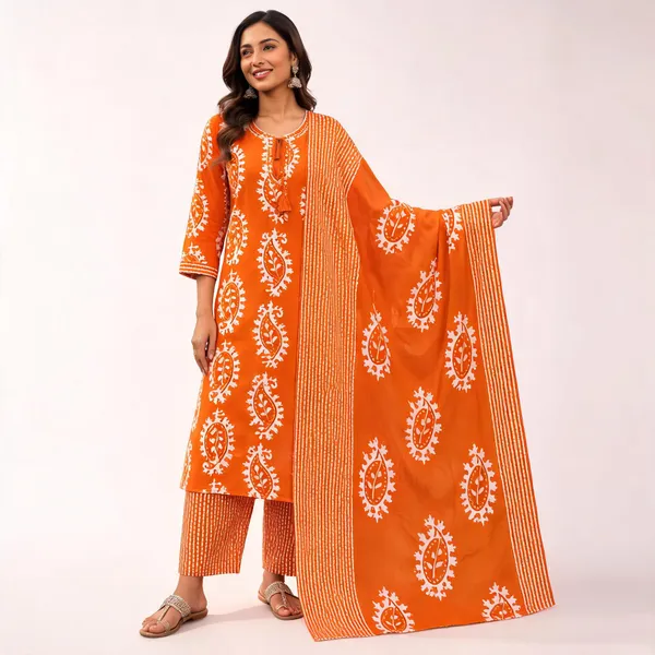 Orange_Pure_Cotton_Printed_Straight_Kurta_Set_For_Women