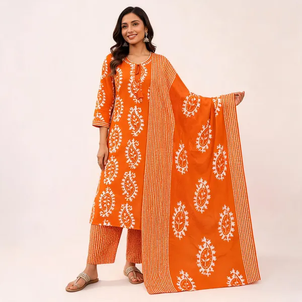 Orange_Pure_Cotton_Printed_Straight_Kurta_Set_For_Women